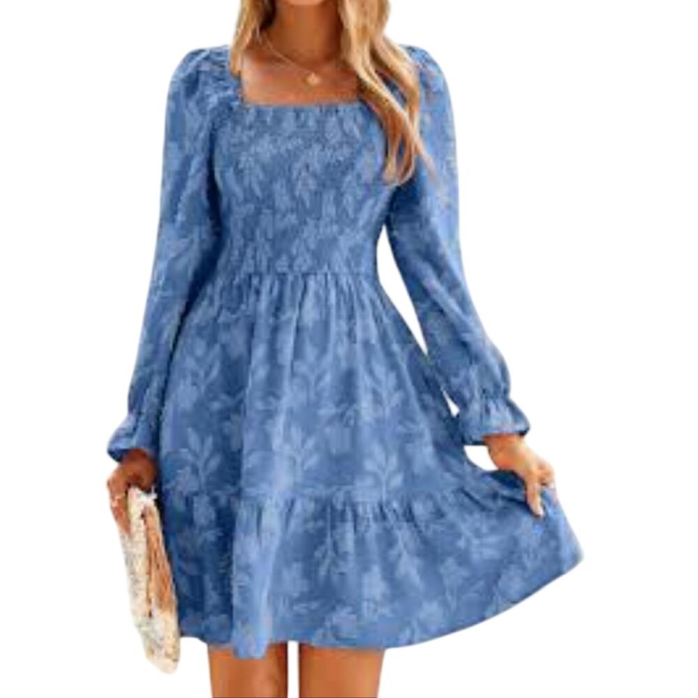 Boho SIMPLEE Burnout Floral Smocked Square Neck Ruffle Hem Dress Size S
